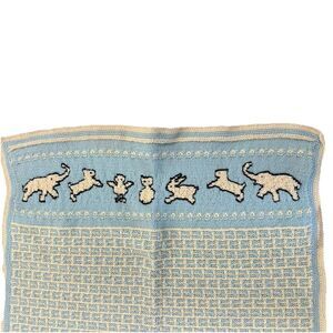 Vtg Crocheted Baby Afghan Blanket Blue Cream Bunny Elephant Animal Nursery Decor